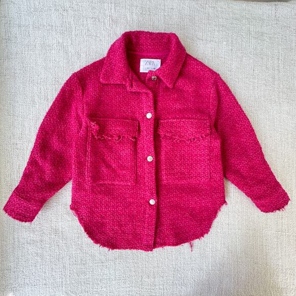Zara Girl's Raspberry Pink Frayed-edge Oversized Shacket Jacket VGUC 6/7 - Picture 1 of 8